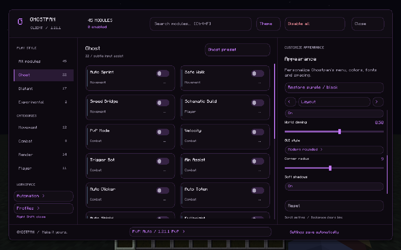 Ghostpan’s purple and black in-game module menu.